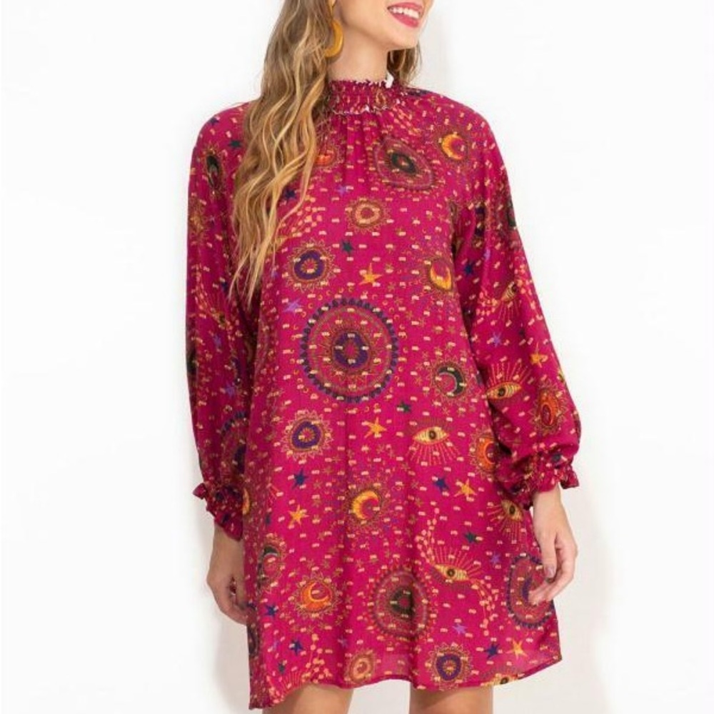 Farm Rio Pink Boho Mini Dress – Celestial Print, Open Back, Long Sleeve